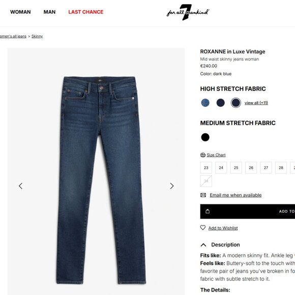 7 For All Mankind Roxanne Ankle Dark Blue Jeans Size 27 - Picture 1 of 4